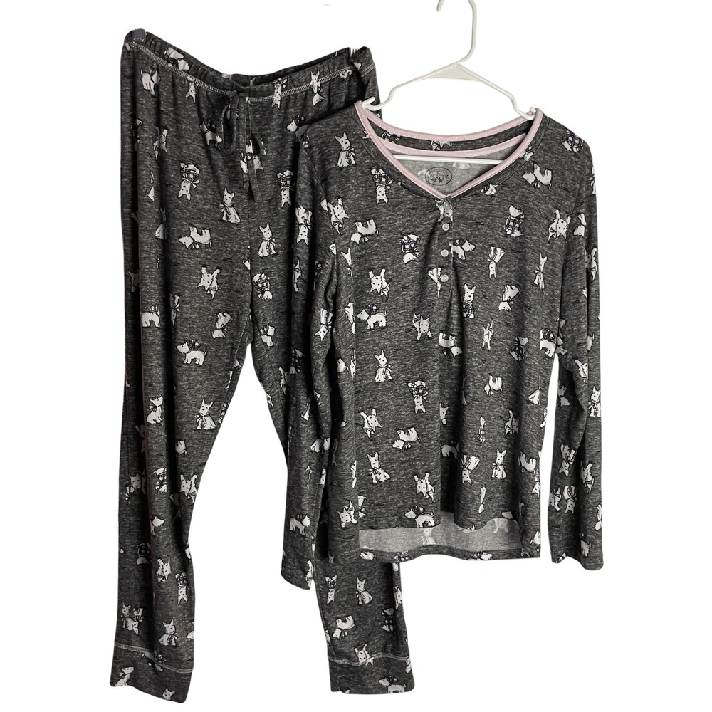 Laura Ashley Womens Scottie Dog Pajama Set Size XL Gray Fleece Long Sleeve Cozy